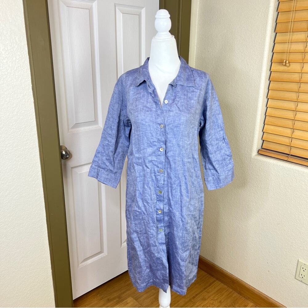 Fog Linen Work Blue Chambray Button Down 100% Linen Shirt Dress.